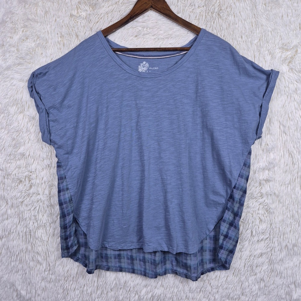 Pilcro Anthropologie Blue Mixed Media Plaid Back Slub Knit Tee XL Boho Peasant